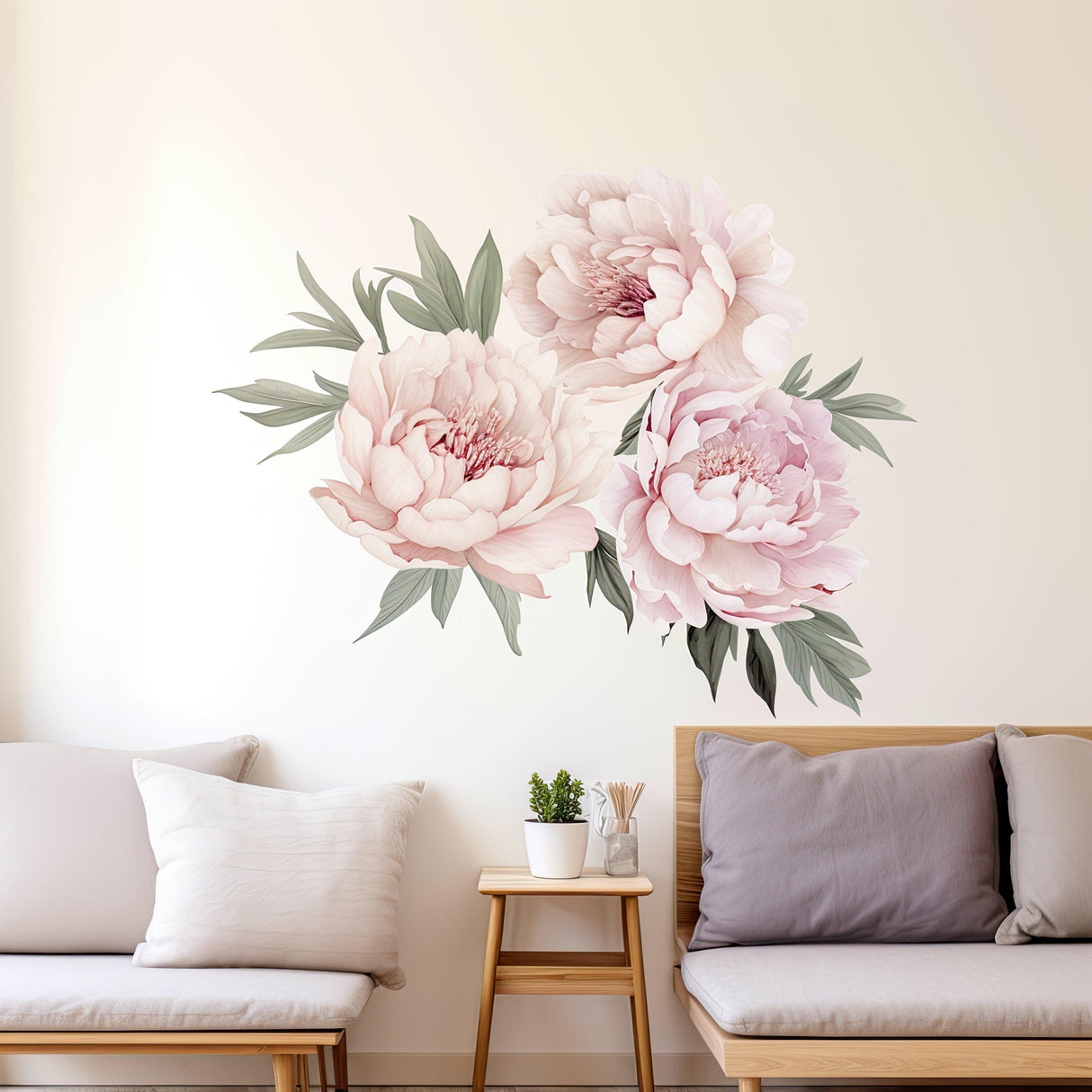 Lush watercolor peony wall decals in a living room setting with cozy seating and greenery.