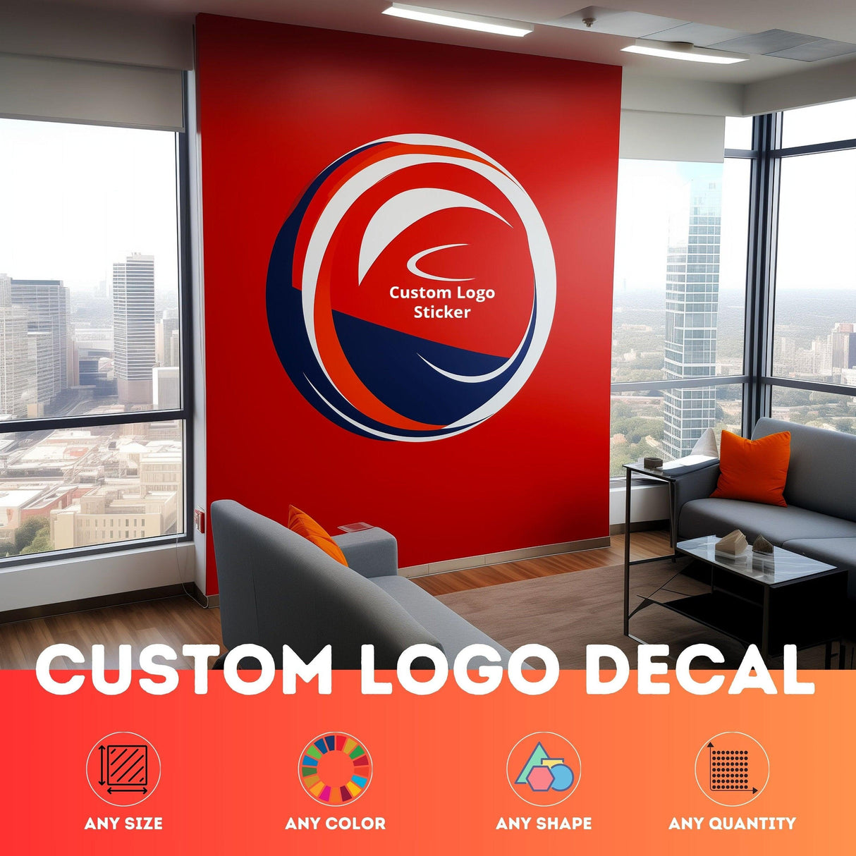 Custom wall logo decal displayed in modern office setting, showcasing personalized design options.
