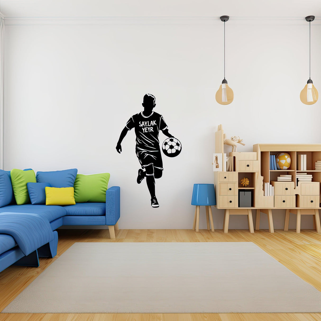Custom name football player wall sticker in modern living room with blue sofa and wooden decor.