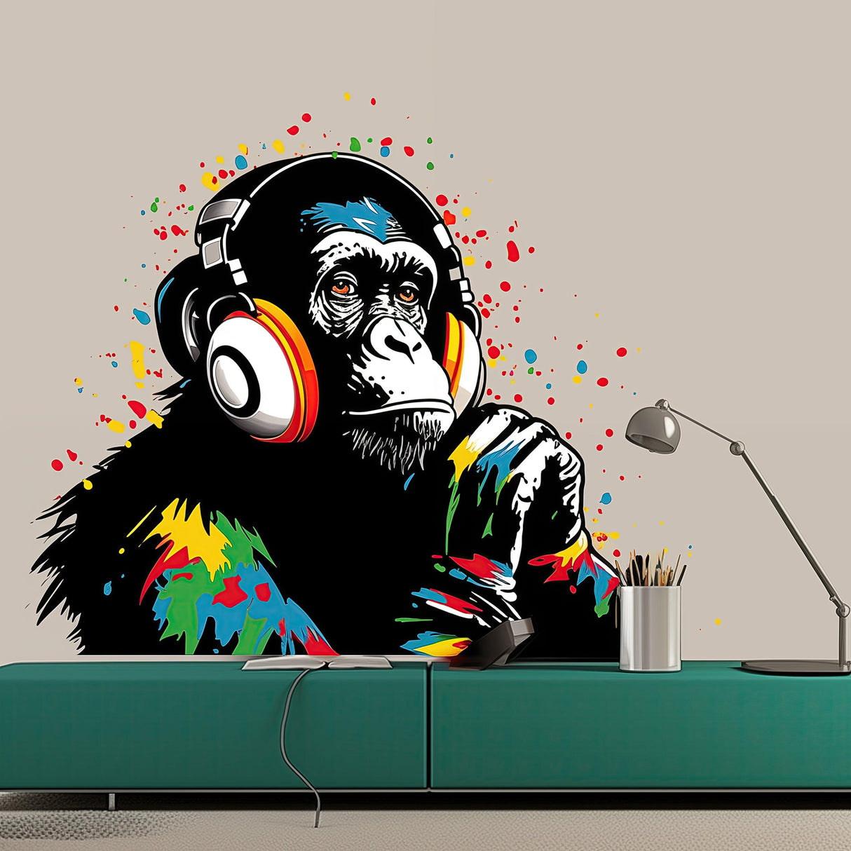 Colorful DJ Monkey wall decal featuring a thinking gorilla with headphones, adding creativity to any room.