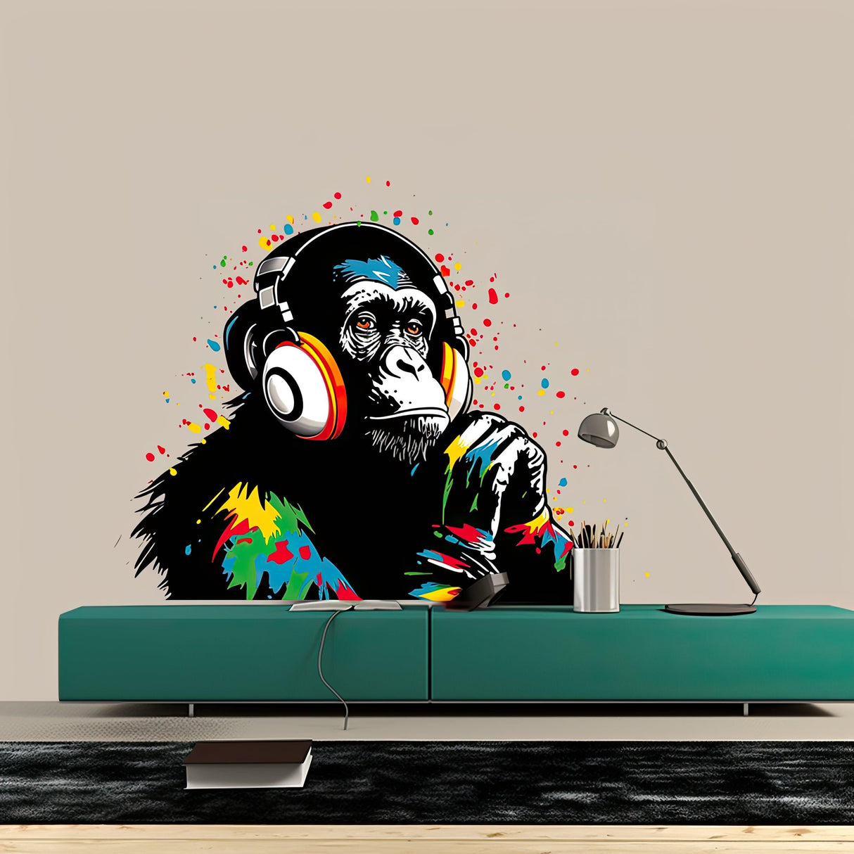Colorful DJ Monkey wall decal with headphones, adding a fun and playful vibe to modern room decor.
