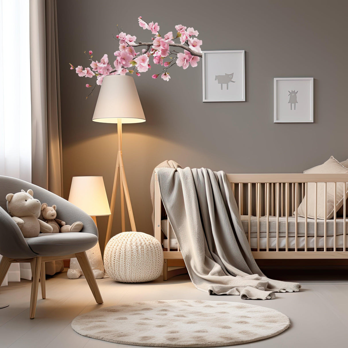 Pink cherry blossom wall decal in serene nursery setting, enhancing decor with calming soft pink tones.