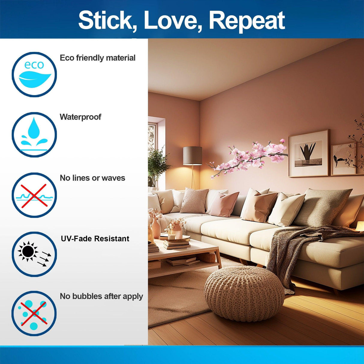 Infographic showing features of wall decals: eco-friendly, waterproof, no bubbles, UV fade resistant, smooth application