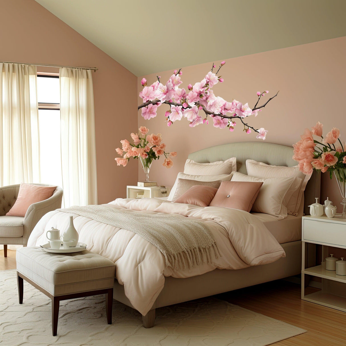 Delicate cherry blossom branch wall decal in serene pink nursery with floral decor and soft bedding.