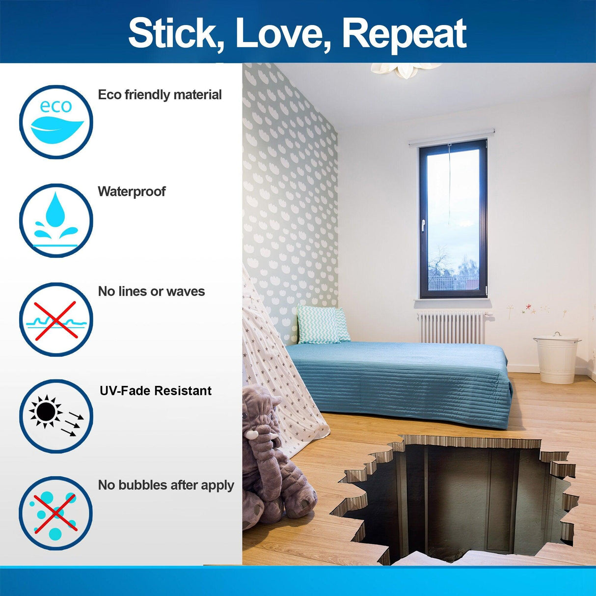 Eco-friendly 3D illusion floor sticker features waterproof, bubble-free application for unique home decor.