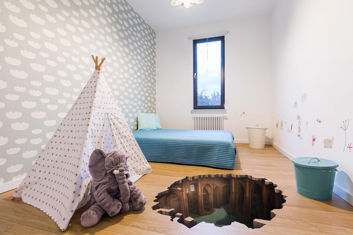 Enchanting 3D porthole floor sticker in a child's room, showcasing a detailed illusion of a basement view.