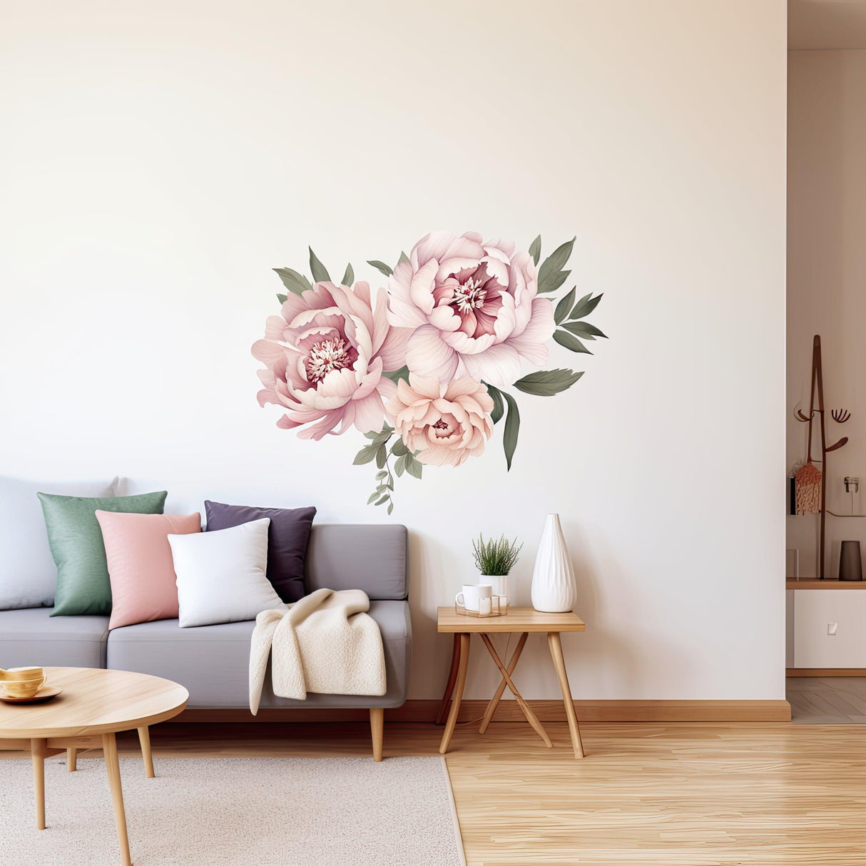 Elegant peony flowers wall decal in watercolor style, enhancing a cozy living room decor.