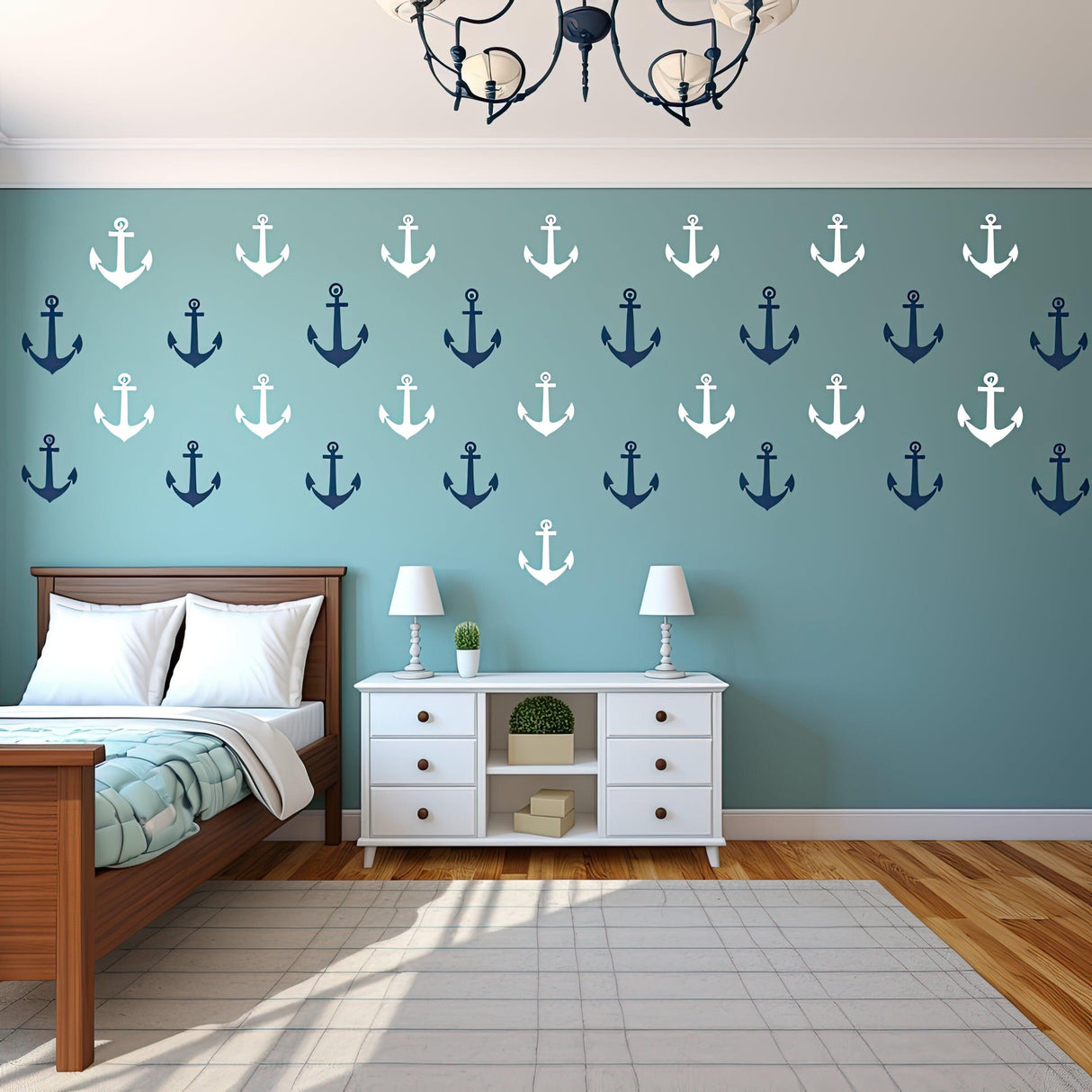 Nautical Vintage Anchor Wall Decals in various colors decorating a bedroom wall, creating a seaside charm.