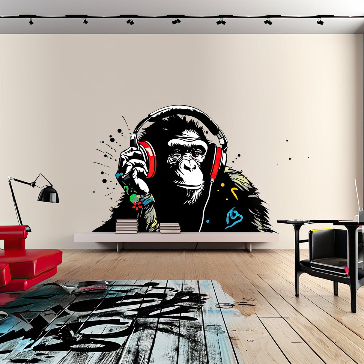 Headphone Chimp Wall Art Sticker featuring a DJ ape with headphones in an urban jungle themed room.