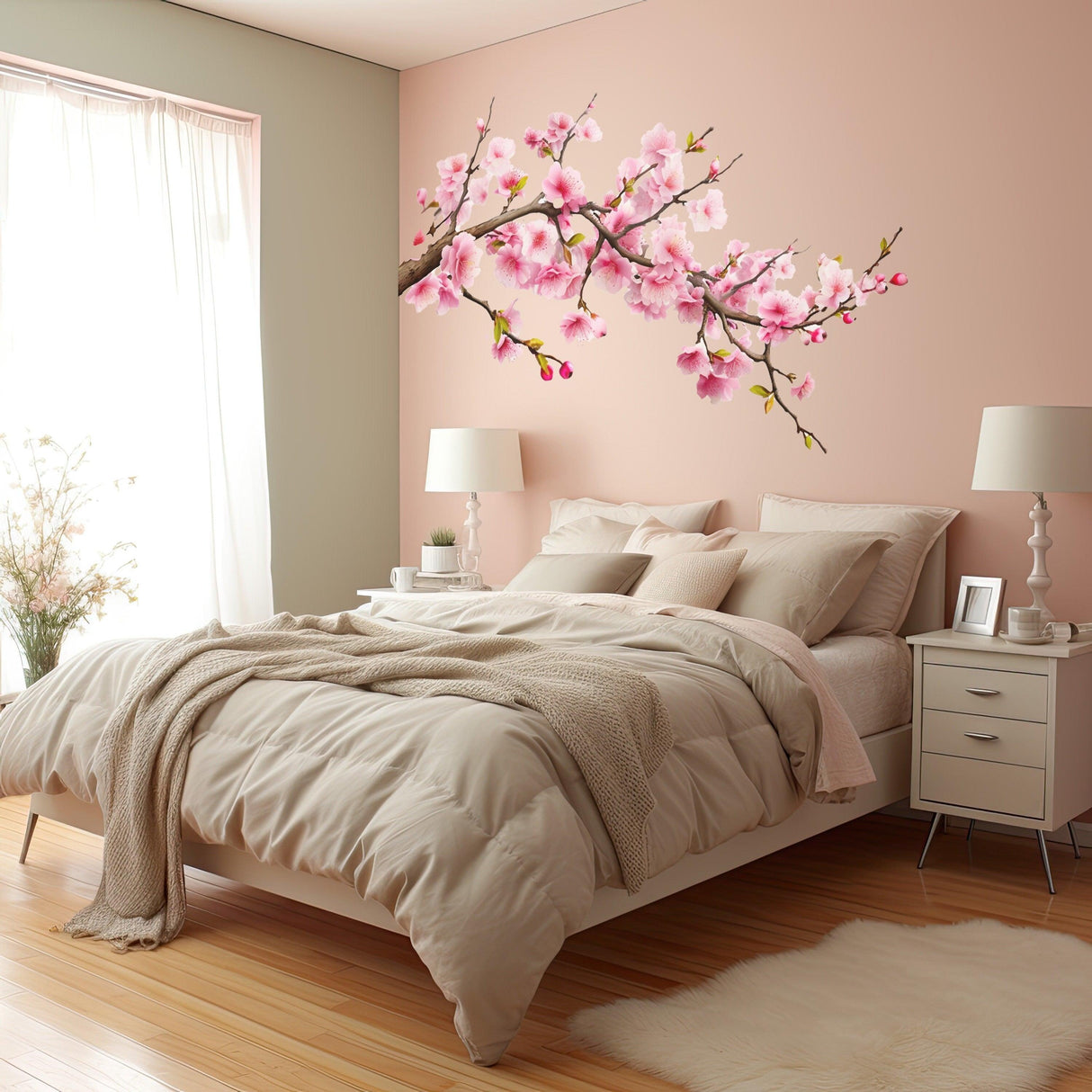 Cherry blossom branch wall decal in a cozy bedroom with soft bedding and warm lighting.
