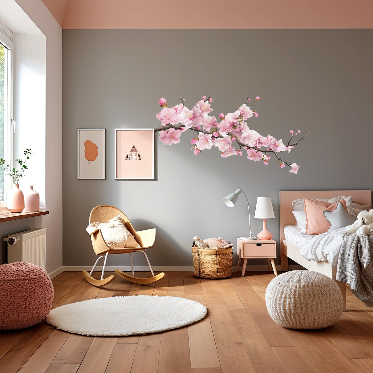 Delicate cherry blossom branch wall decal in a serene nursery, enhancing the tranquil decor.