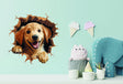 3D Dog Art Wall Sticker featuring a playful golden retriever popping through a cracked wall illusion.