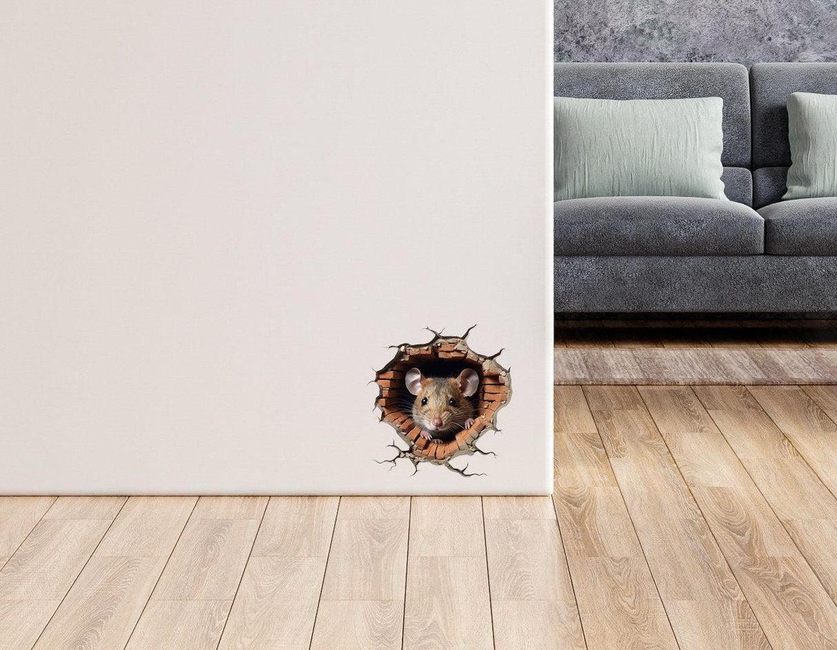 3D mouse hole wall sticker decal with realistic mouse peeking from hole, enhancing whimsical room decor.
