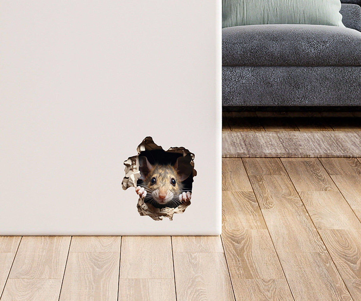 Lifelike brown mouse peeking through a hole in the wall, adding playful decor to a cozy room.