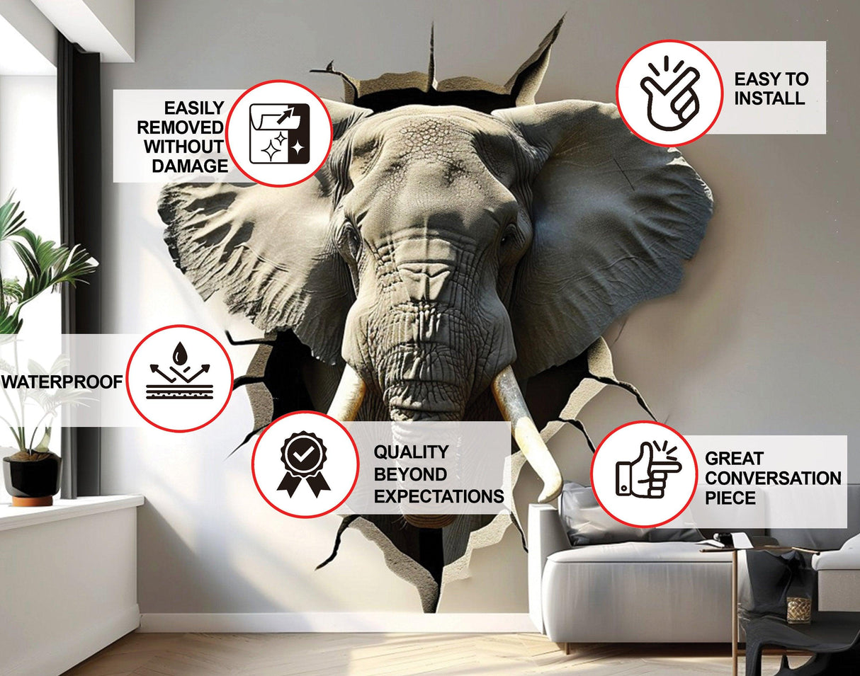 3D Elephant Head Wall Sticker with broken wall effect, showcasing features like easy installation and waterproof design.