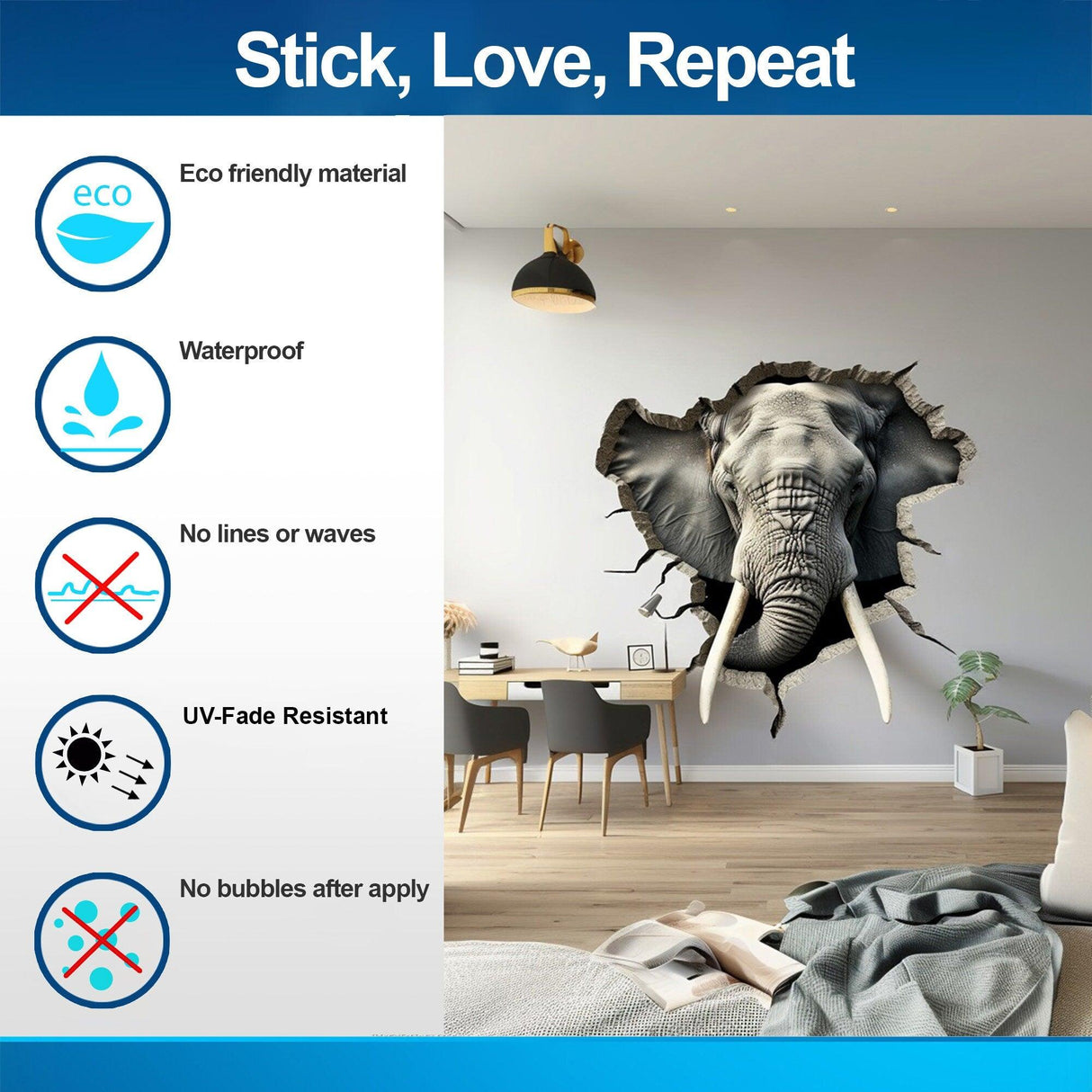 3D elephant wall decal showcasing features like eco-friendly, waterproof, UV fade resistance, and easy application.