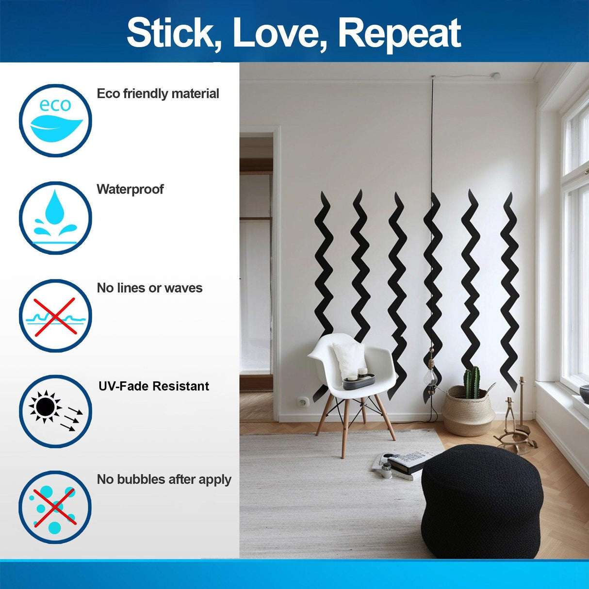 Eco-friendly black zigzag wall stickers in a modern room, showcasing features like waterproof and UV-fade resistance.