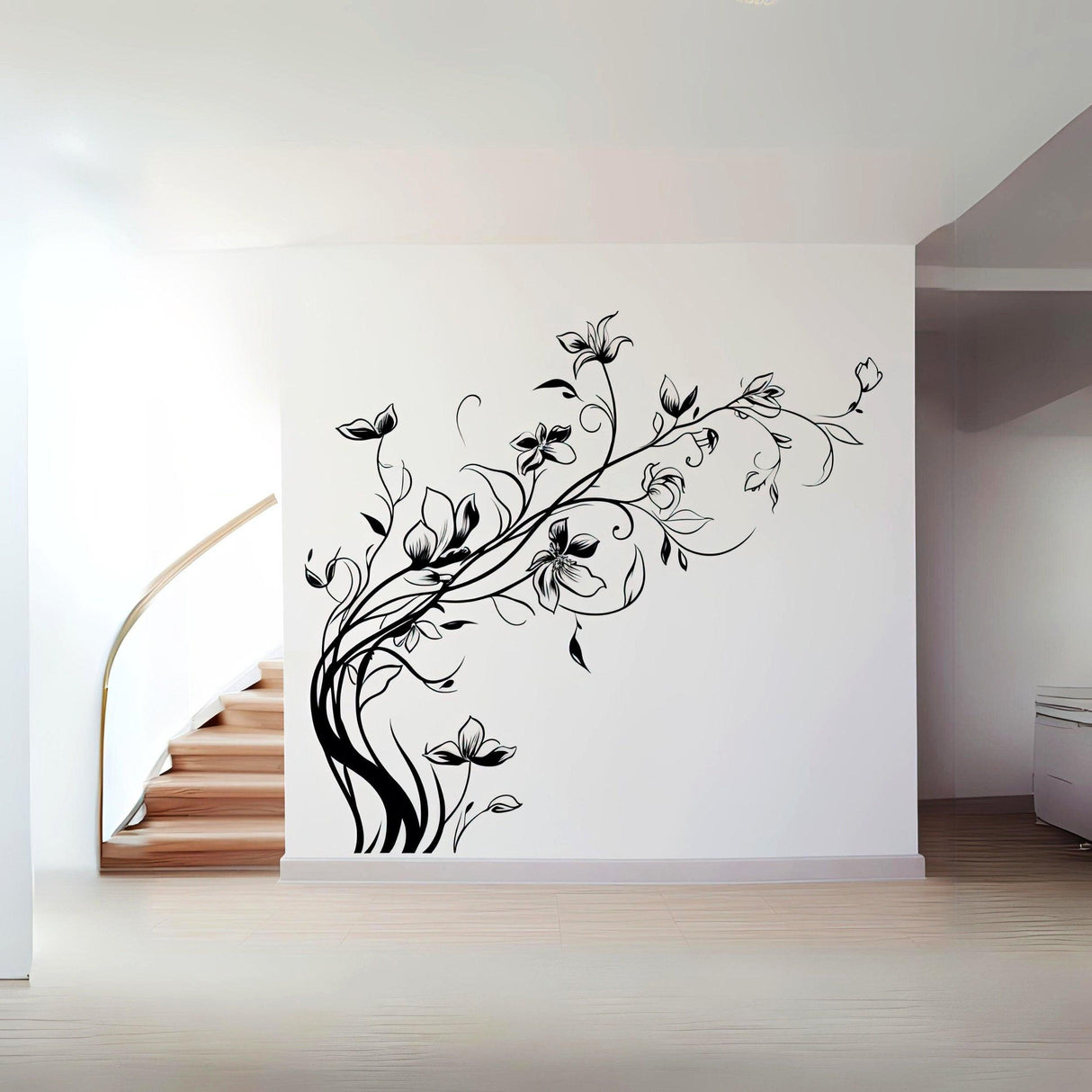 Elegant flowers wall decals on a white wall, transforming the living room with nature-inspired vinyl stickers.