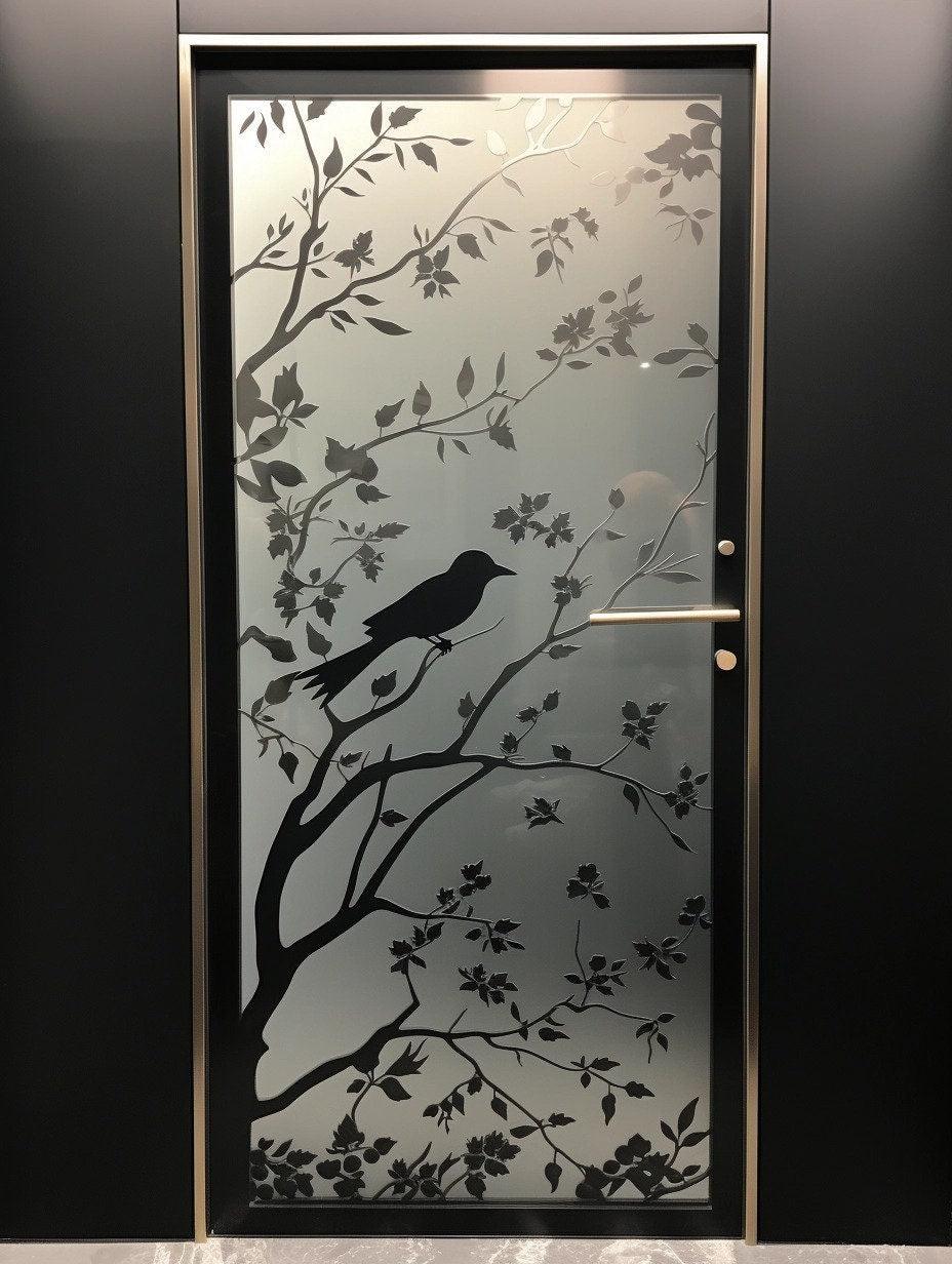 Frosted black tree silhouette decal on glass door featuring intricate branch and bird design.