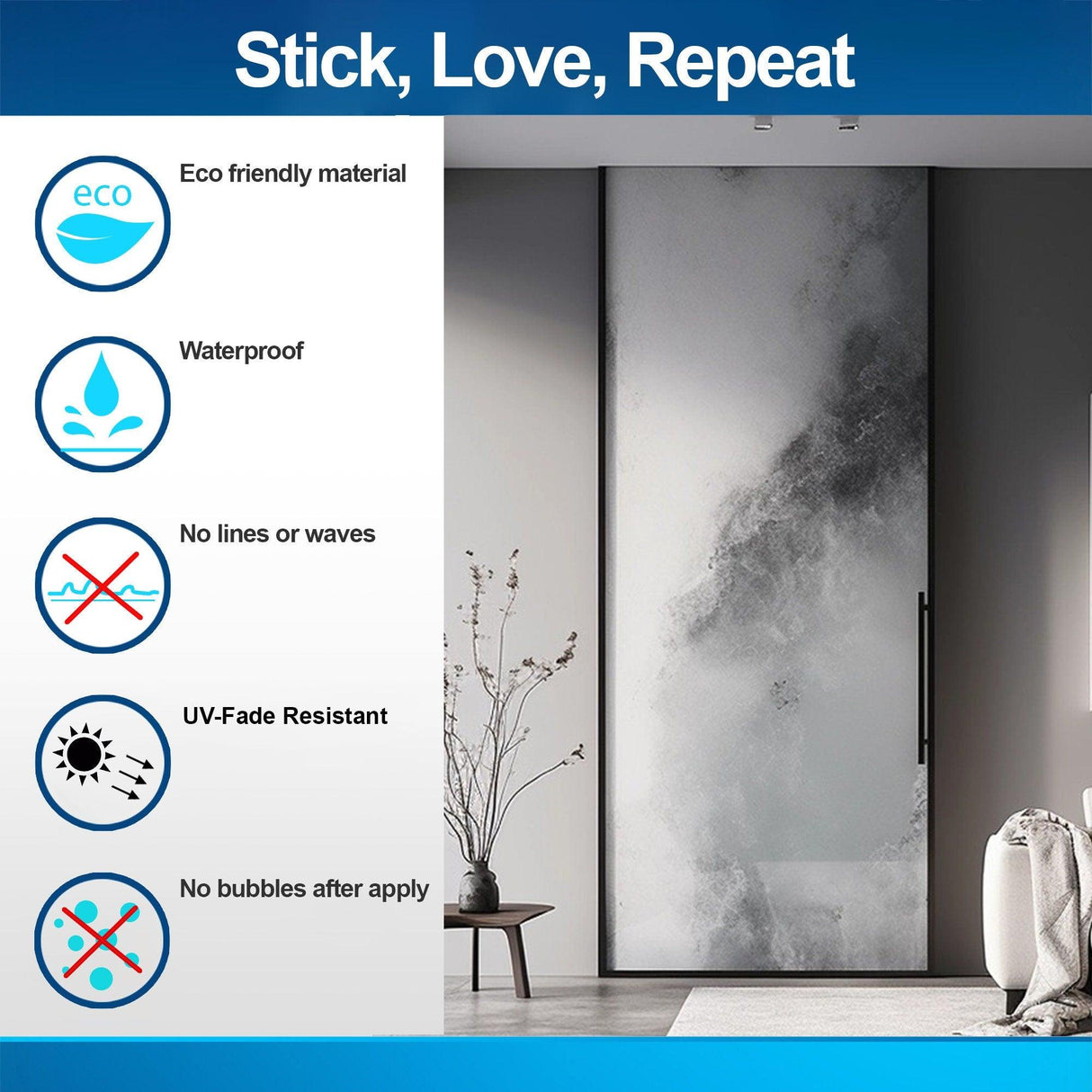 Contemporary smoky glass door sticker features eco-friendly, waterproof, UV-fade resistant design with no bubbles after application.