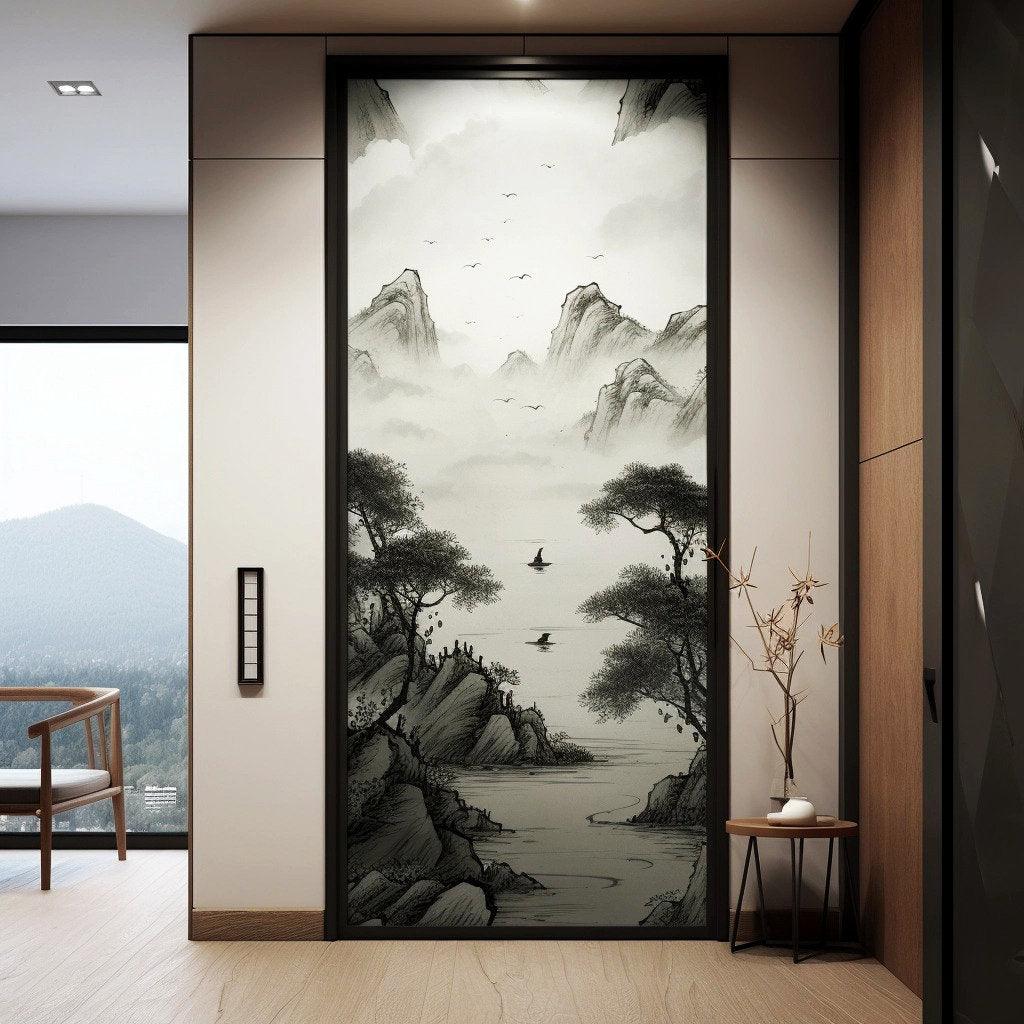 Contemporary smoky glass door sticker featuring abstract landscape art for elegant home decor.
