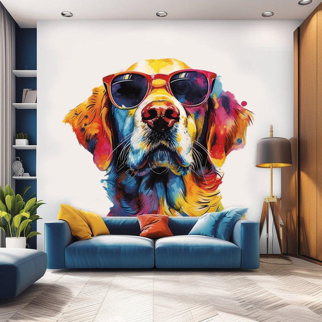 Colorful golden retriever wearing sunglasses wall decal in vibrant living room decor.