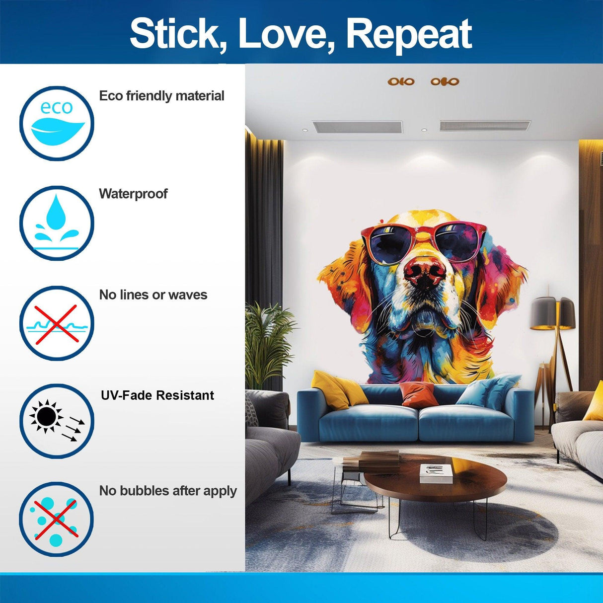 Colorful Golden Retriever wall decal with sunglasses in a stylish living room, features eco-friendly, waterproof design.
