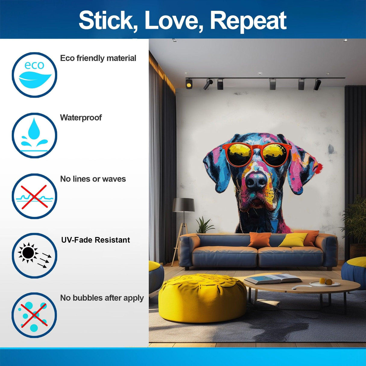 Vibrant Great Dane wall decal in living room, showcasing eco-friendly features and colorful design with sunglasses.