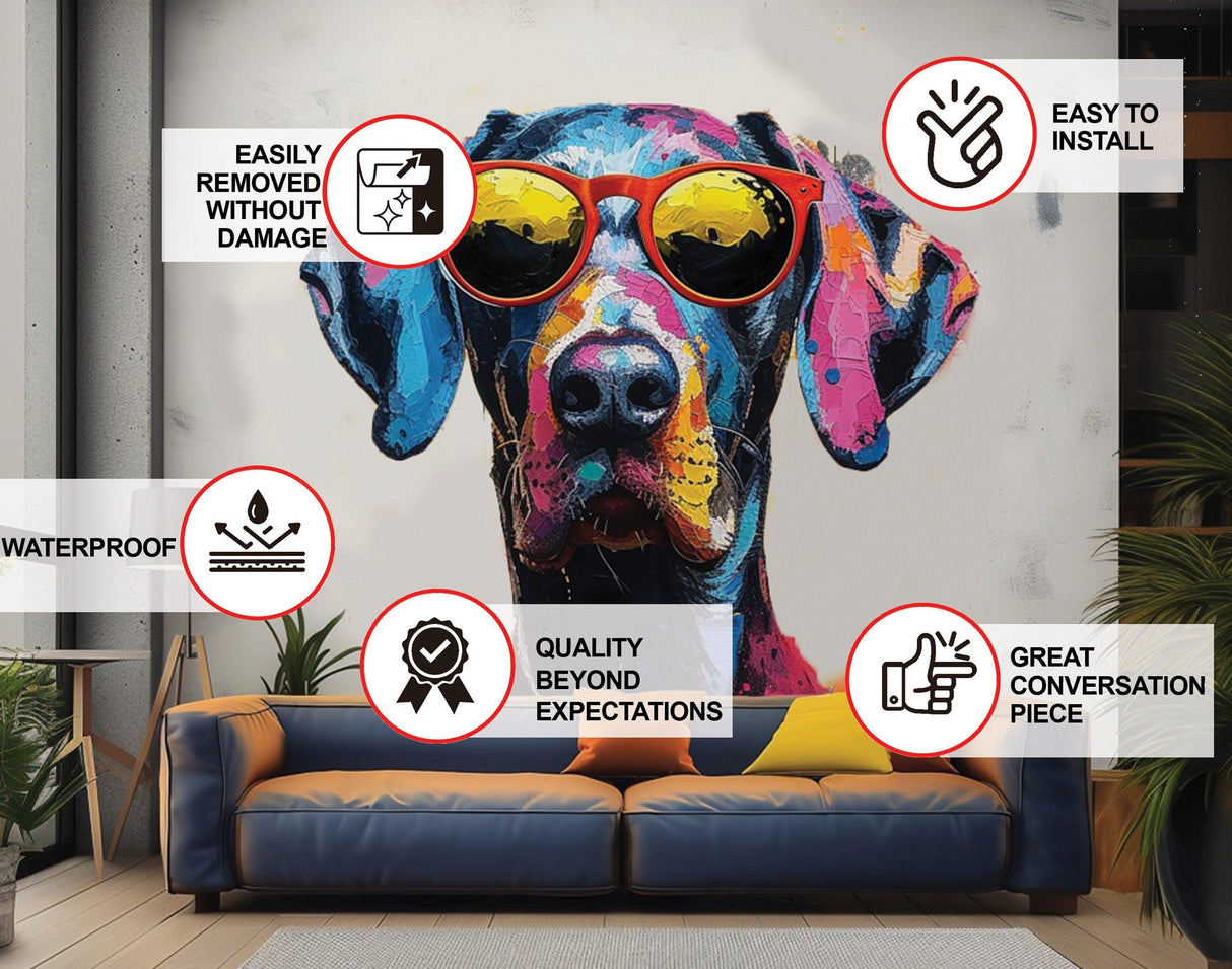 Great Dane wall decal with sunglasses, easy to install, waterproof, and vibrant design for dynamic room decor.