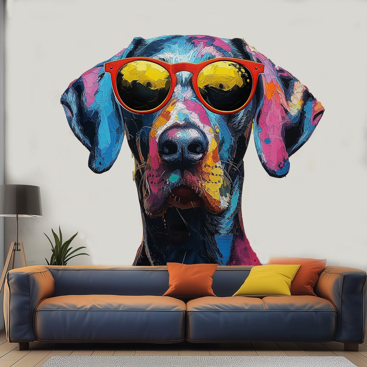 Colorful Great Dane wall decal wearing sunglasses, perfect for vibrant home decor.