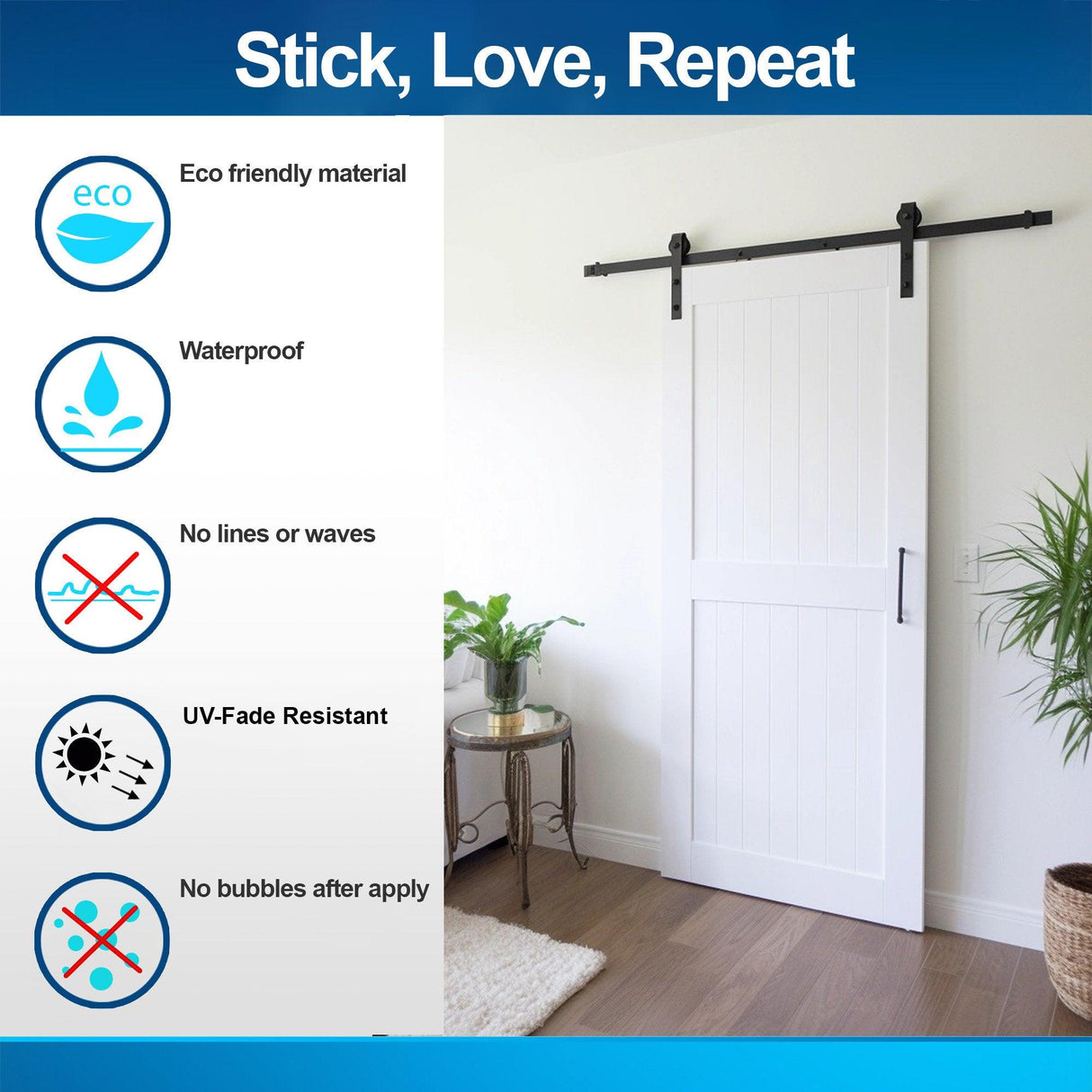 White rustic barn door wallpaper sticker features eco-friendly, waterproof, UV-resistant materials with no bubbles after application.