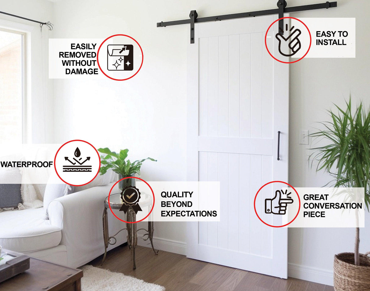 White rustic wood barn door wallpaper sticker showcasing waterproof and easy installation features in a stylish room.