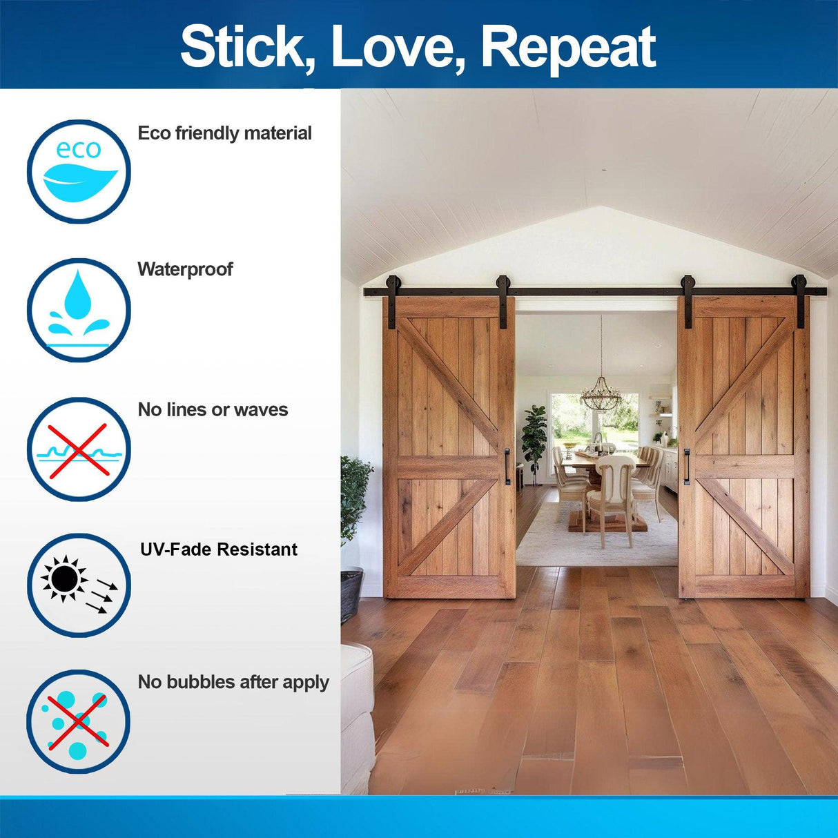 Eco-friendly brown barn door wallpaper sticker features with benefits like waterproof, UV-fade resistant, and bubble-free application.