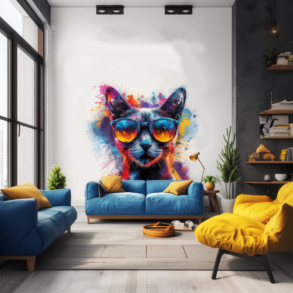 Colorful cat with sunglasses wall decal in modern living room decor with blue sofas and bright accents.