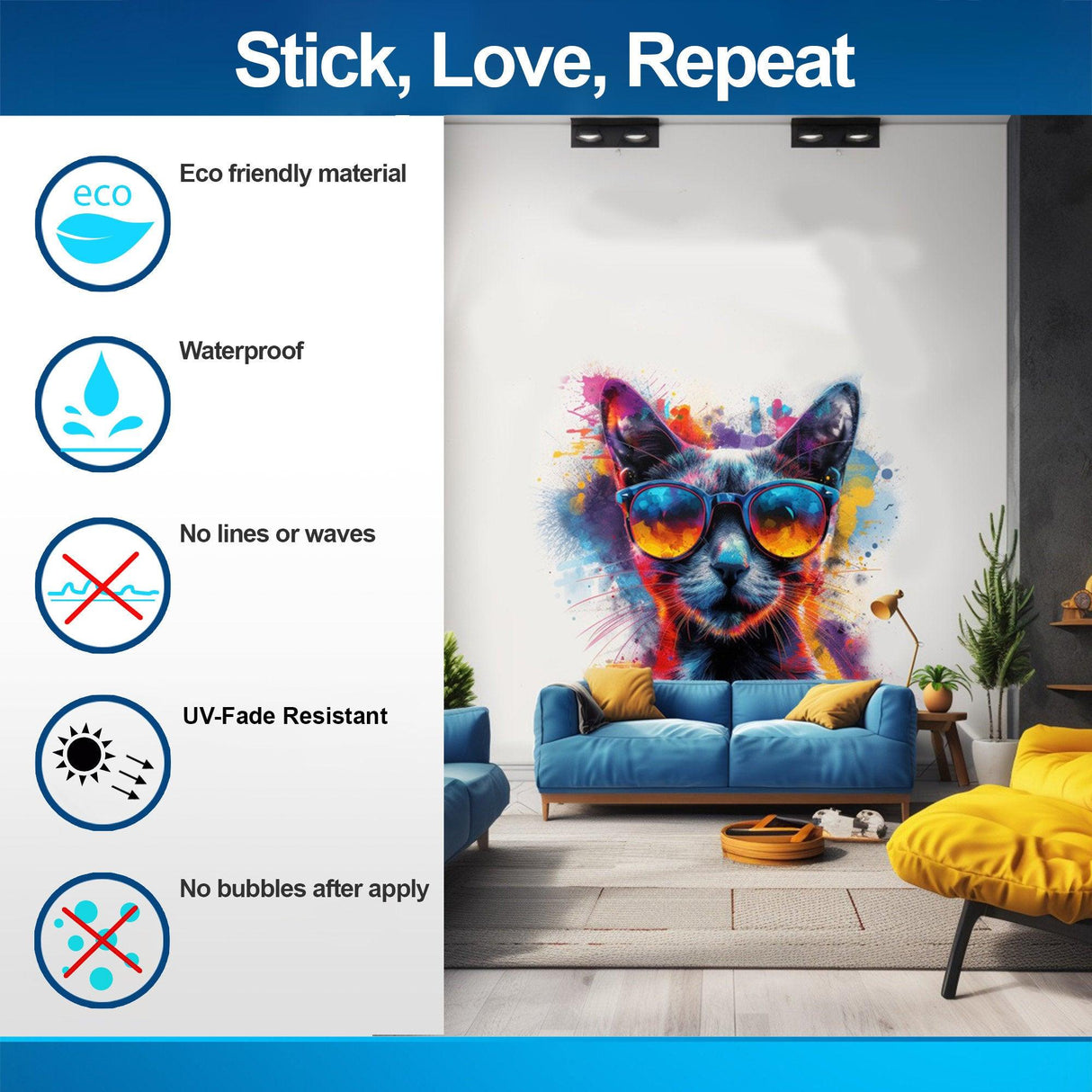 Colorful cat wall decal showcasing features like eco-friendly, waterproof, and UV-fade resistant materials for stylish decor.