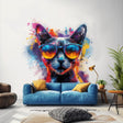 Vibrant cat with sunglasses wall decal in modern room decor, bright colors and dynamic watercolor style.