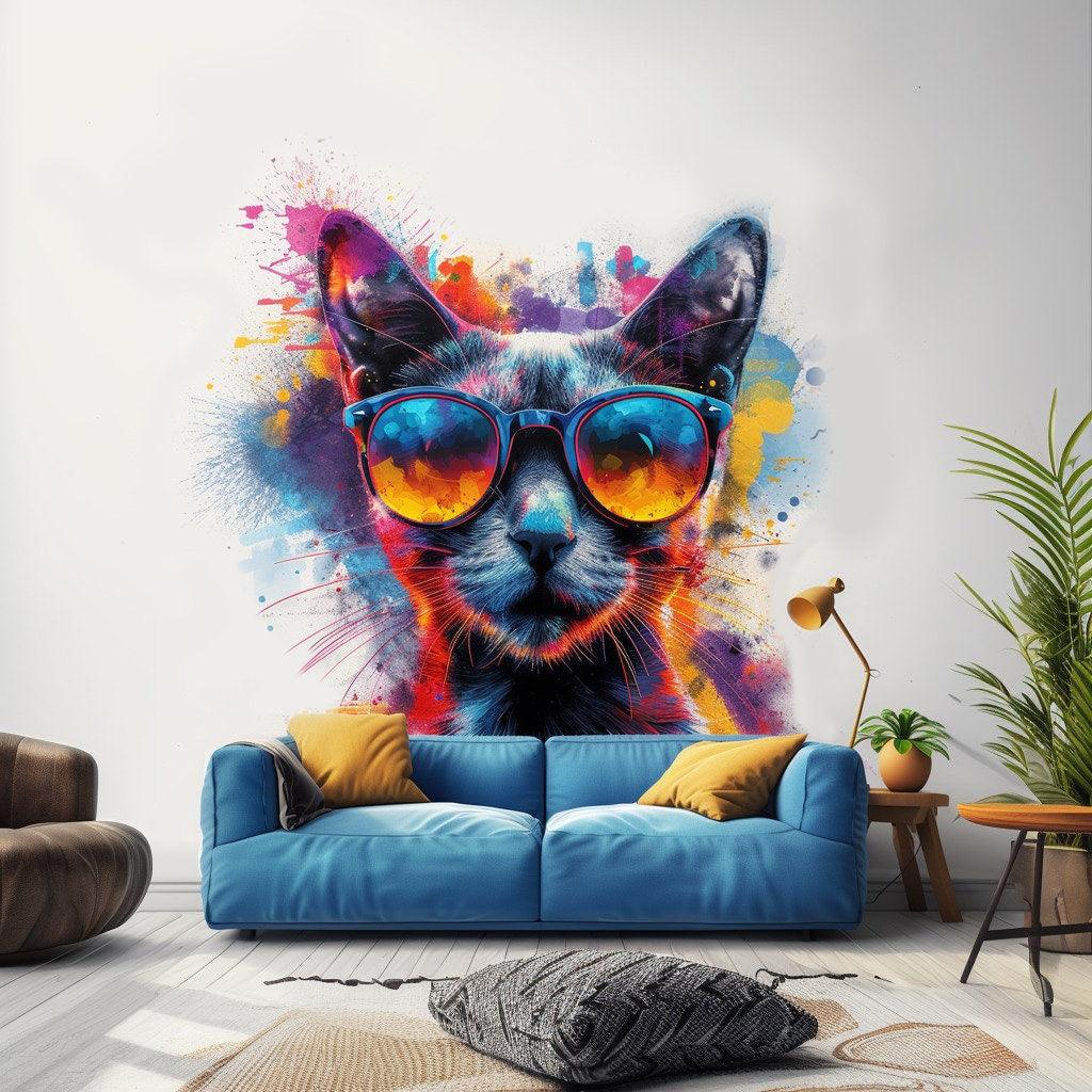 Vibrant cat with sunglasses wall decal in modern room decor, bright colors and dynamic watercolor style.
