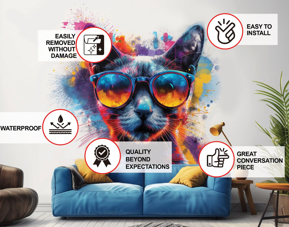 Colorful cat with sunglasses wall decal in a modern living room, showcasing installation features and quality benefits.