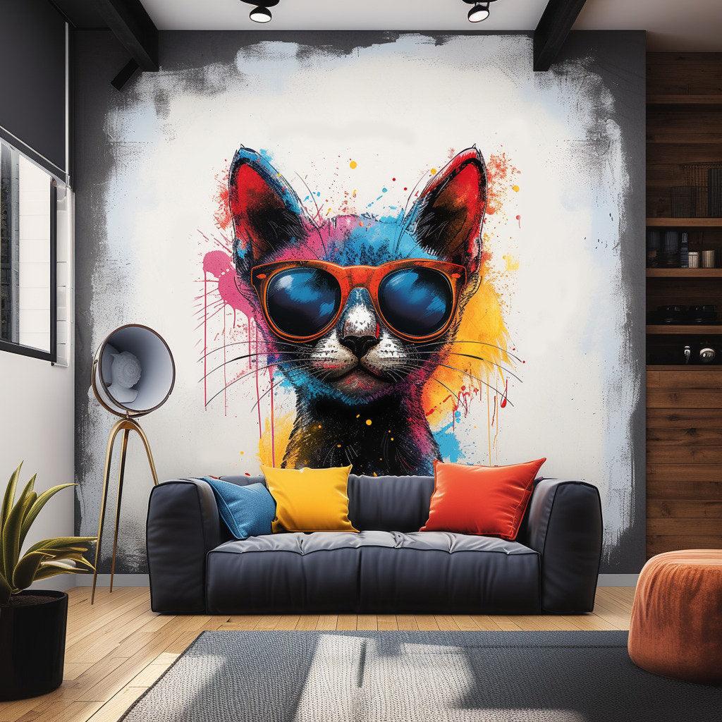 Chic cat wearing sunglasses wall sticker in a stylish living room decor with colorful accents.