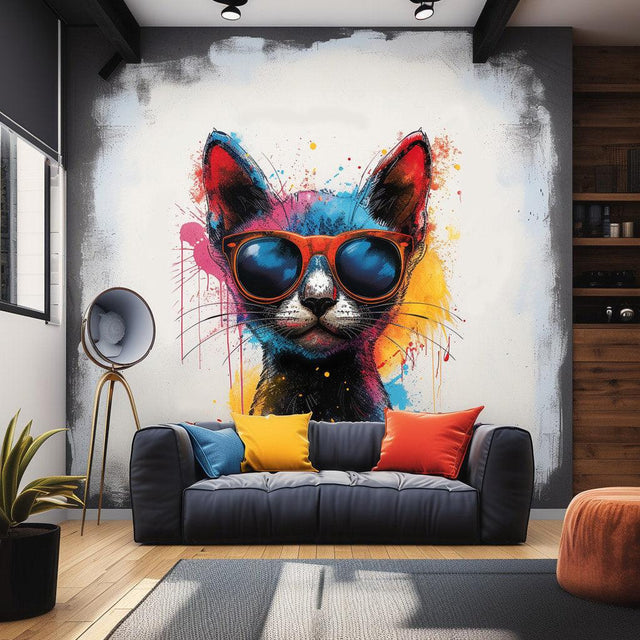 Chic cat wearing sunglasses wall sticker in a stylish living room decor with colorful accents.
