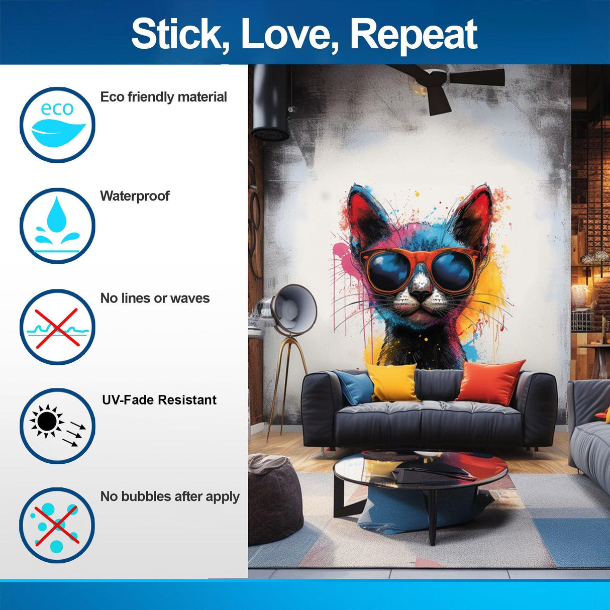 Chic cat wall sticker features eco-friendly, waterproof design with no lines, UV-fade resistant, and bubble-free application.