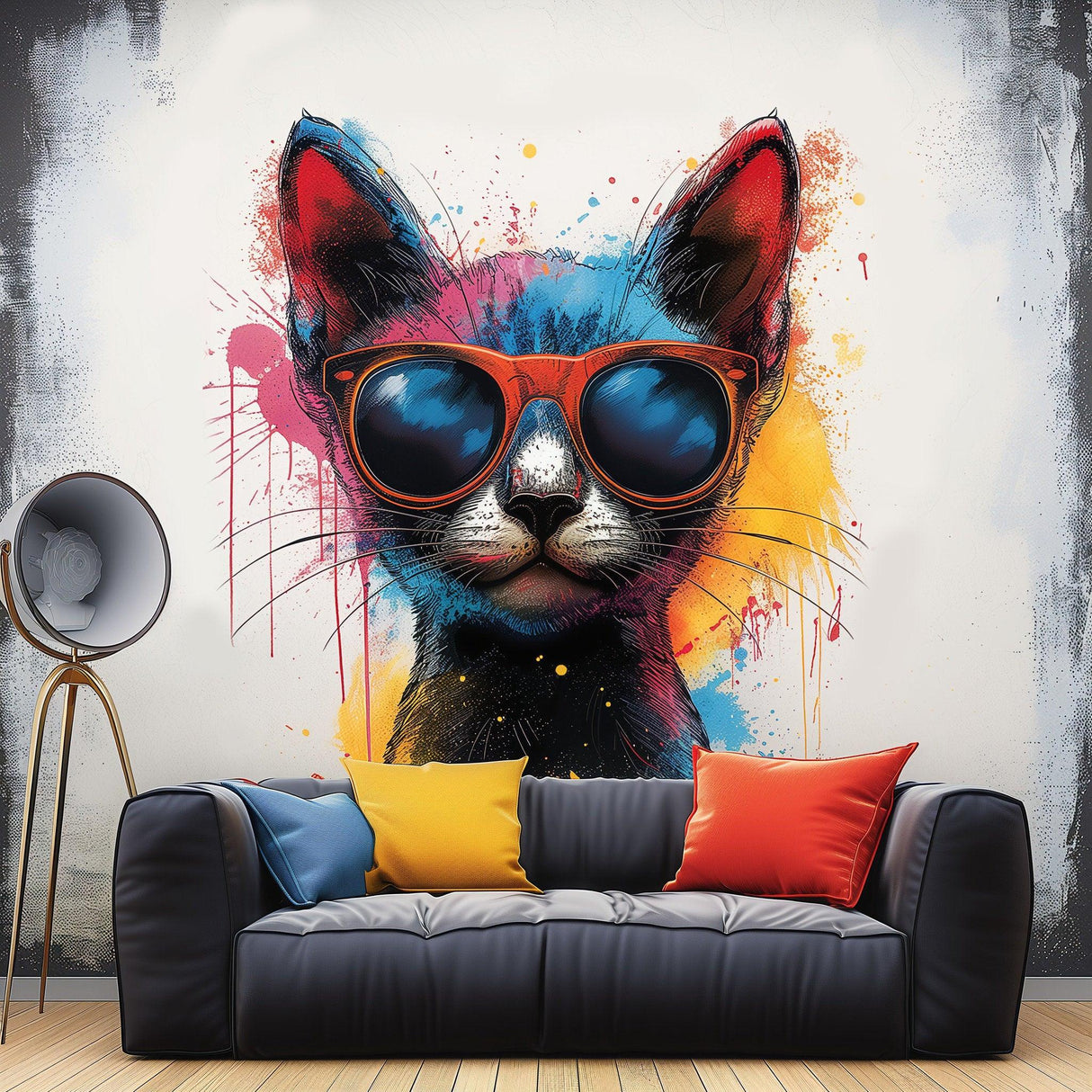 Colorful wall sticker of a cat in sunglasses above a couch, adding playful decor to any living space.