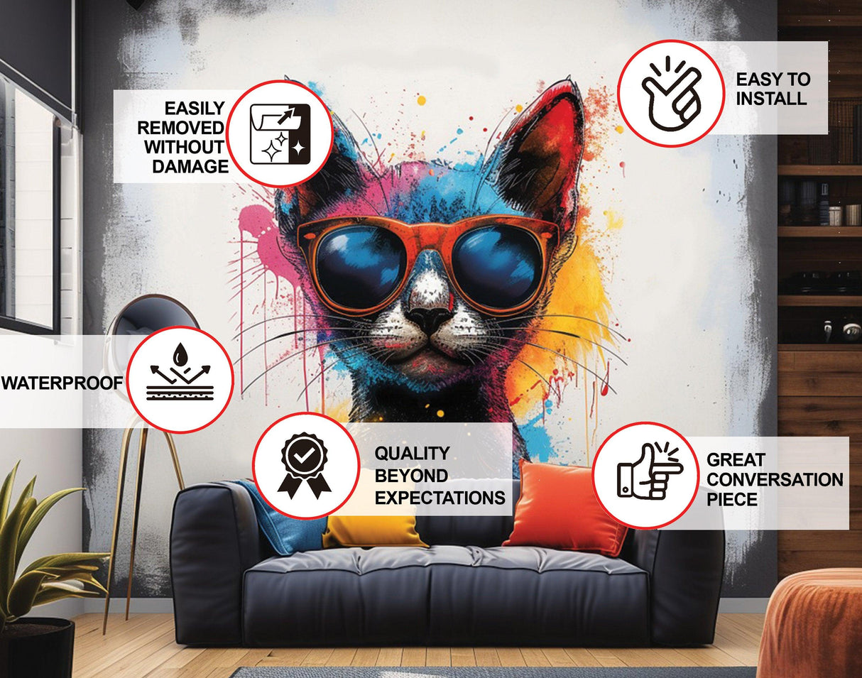 Chic cat wall sticker with sunglasses in a vibrant living room, highlighting easy installation and waterproof quality.