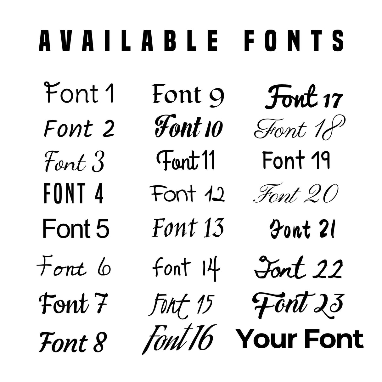 List of available fonts for custom vinyl stickers personalization, showcasing 23 font options.