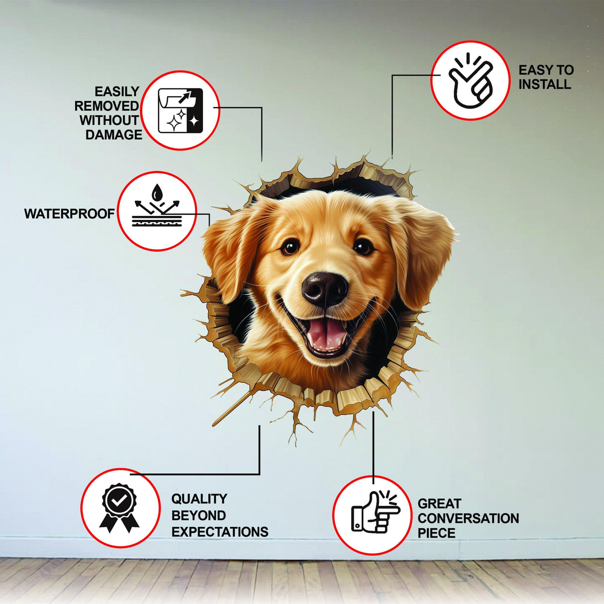 3D golden retriever puppy wall sticker with installation features and benefits listed, perfect for nursery decor.