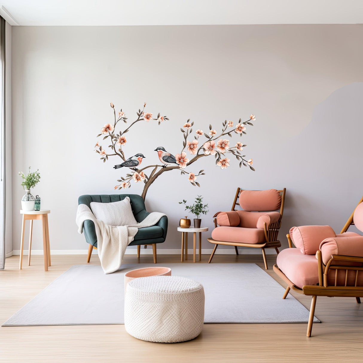 Tree with blossom flowers and birds wall sticker in a modern living room, adding elegance and nature decor.