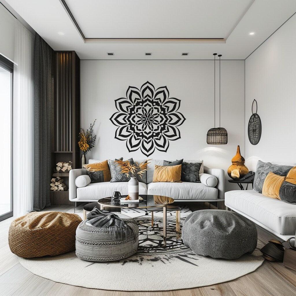 Mandala wall sticker in modern living room with cozy decor and comfortable seating, enhancing meditation space.