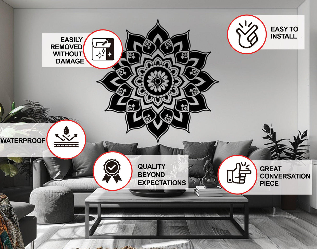 Sacred Geometry Mandala Wall Art Decal in modern living room, highlighting easy installation and waterproof features.
