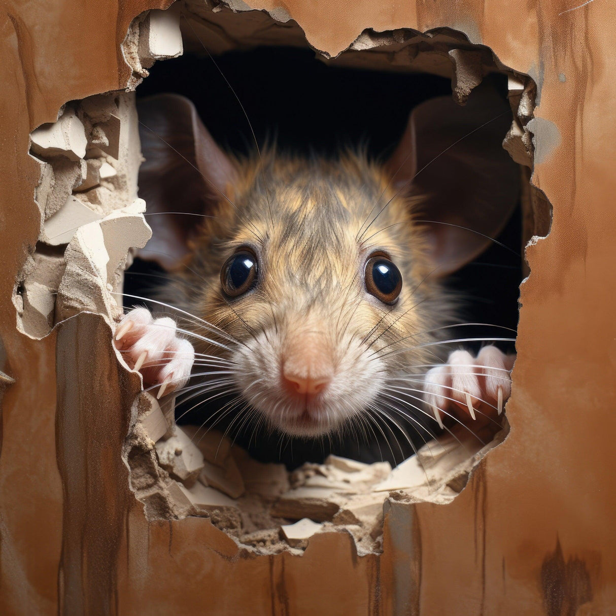 Lifelike brown mouse peeking through a wall hole, perfect for whimsical home decor.