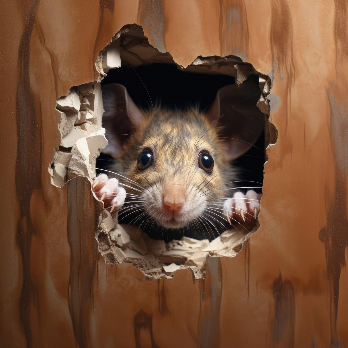 Lifelike brown mouse peeking out of a wall hole, adding whimsical decor to any room.